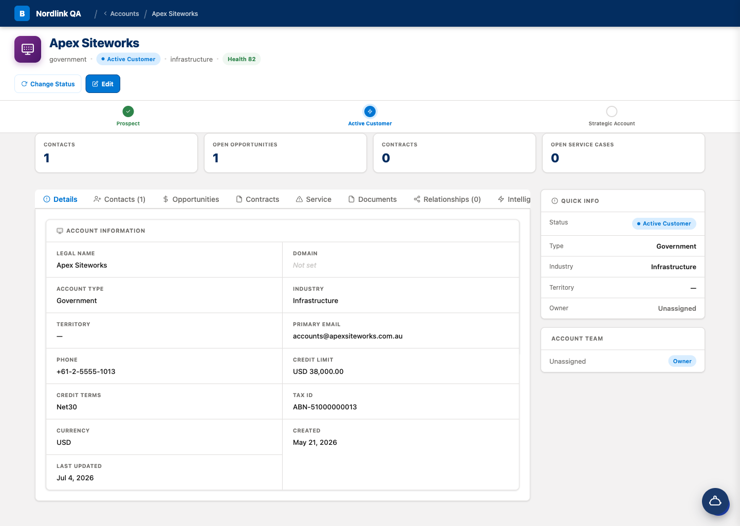 NordlinkCRM account detail view showing customer 360