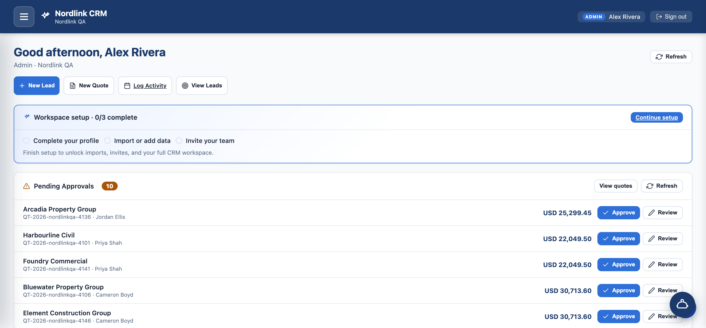 NordlinkCRM home screen showing pending approvals and quick actions