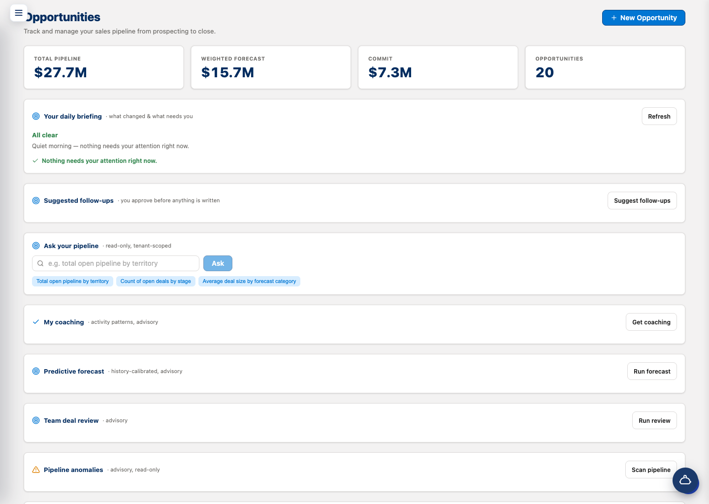 NordlinkCRM opportunities view with AI copilot for pipeline forecasting